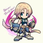  1boy belt blonde_hair blue_eyes blue_pants brown_belt chibi closed_mouth commission final_fantasy final_fantasy_ix full_body glint gloves green_ribbon grey_footwear holding holding_sword holding_weapon kotorai looking_at_viewer male_focus no_nose pants ponytail ribbon signature skeb_commission smile solo sword thank_you translation_request weapon white_background zidane_tribal 