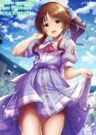  1girl ascot blue_ribbon blue_sky blurry blurry_background blush bow breasts brown_eyes brown_hair building character_name cloud cowboy_shot dated day dot_nose dress dress_bow falling_petals hair_bow hair_ribbon hand_up happy_birthday highres idolmaster idolmaster_cinderella_girls idolmaster_cinderella_girls_starlight_stage long_hair looking_at_viewer ment open_mouth outdoors petals plaid plaid_dress plaid_ribbon ponytail puffy_short_sleeves puffy_sleeves purple_bow purple_dress red_ascot ribbon short_sleeves sidelocks skirt_hold sky small_breasts smile solo sparkle standing takamori_aiko tree 