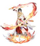  1boy absurdres alternate_costume arm_at_side black_hair black_pants bottle chinese_clothes closed_mouth curtained_hair fire flaming_sword flaming_weapon full_body gold_trim hair_between_eyes highres holding holding_bottle holding_sword holding_weapon hongmao_and_lantu long_sleeves looking_at_viewer male_focus official_art outstretched_arm pants pelvic_curtain pyrokinesis qiabeibei red_sash reverse_grip robe sash see-through short_hair simple_background smile smoke solo standing sword taibai_duck_(the_tale_of_food) tassel the_tale_of_food weapon weibo_logo weibo_username white_background white_footwear white_robe yaopei yellow_eyes 
