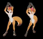 3d_(artwork) ankle_band anthro arms_above_head black_background black_body black_fur black_nose canid canine claws digital_media_(artwork) digitigrade dipstick_limbs dragoon343 fox fox_tail fur girly hair leaning_to_side male mammal neck_band orange_body orange_fur red_claws red_hair simple_background slim small_waist smile solo white_body white_fur wristband
