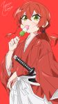  1girl absurdres alternate_hairstyle artist_name blush bocchi_the_rock! cosplay dango eating food green_eyes hair_between_eyes highres himura_kenshin himura_kenshin_(cosplay) japanese_clothes katana kimono kita_ikuyo looking_at_viewer medium_hair red_background red_hair rurouni_kenshin scar scar_on_face simple_background solo sword wagashi weapon zetsuyo_chimayo 