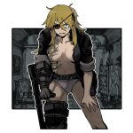  1girl bandaged_chest biting_own_lip black_jacket blonde_hair breasts cast chair cropped_legs crutch dorohedoro eyepatch gloves grey_gloves grey_pants hair_between_eyes hand_on_own_leg injury jacket korean_commentary large_breasts leg_cast long_hair looking_at_viewer messy_hair nikaidou_(dorohedoro) no_bra no_pants one_eye_covered one_side_up open_clothes open_jacket outline outside_border pants sleeves_rolled_up solo soo05120512 spoilers tearing_up white_outline 