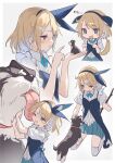  1girl ;d alice_(alice_in_wonderland) alice_in_wonderland animal animal_ear_hairband animal_on_hand blonde_hair blue_coat blue_collar blue_eyes blue_footwear blue_hairband blue_ribbon blue_skirt blush_stickers bow_hairband coat coattails collar collared_shirt dog dog_girl from_side full_body grey_background hairband highres holding holding_stick index_finger_raised licking licking_another&#039;s_cheek licking_another&#039;s_face looking_at_another looking_at_viewer medium_hair multiple_views one_eye_closed open_mouth oversized_animal paw_pose petting pleated_skirt puffy_short_sleeves puffy_sleeves pushing_away ribbon shirt short_sleeves simple_background skirt sleeveless sleeveless_coat smile stick tail thighhighs upper_body wakuseiy white_shirt white_thighhighs 