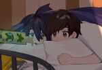  2boys ahoge bed black_hair brown_eyes brown_hair cellphone chips_(food) florian_(pokemon) food hair_between_eyes highres indoors kieran_(pokemon) lying male_focus multicolored_hair multiple_boys on_bed on_stomach open_mouth phone pillow pokemon pokemon_(creature) pokemon_sv potato_chips purple_hair rotom rotom_phone under_covers vank_le yaoi yellow_eyes 