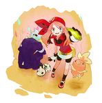  1girl aron bad_id bad_pixiv_id bandana belt bike_shorts blue_eyes blue_hair brown_hair gem gen_3_pokemon gloves haruka_(pokemon) pokemon pokemon_(creature) pokemon_(game) pokemon_rse pomeko thunder_stone torchic tsuwabuki_daigo 