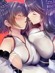  1girl asymmetrical_docking black_hair breast_press breasts closed_eyes detached_sleeves epaulettes food fusou_(kancolle) headgear japanese_clothes kantai_collection large_breasts long_hair maki_(seventh_heaven_maxion) nontraditional_miko pocky pocky_kiss red_background short_hair solo upper_body yamashiro_(kancolle) yuri 