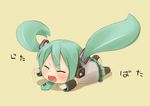  black_legwear blush chibi detached_sleeves ebimomo fang full_body green_hair hair_ornament hair_ribbon hatsune_miku long_hair open_mouth ribbon solo tantrum thighhighs twintails very_long_hair vocaloid yada_yada 