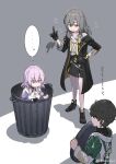  ... 1boy 2girls :o absurdres black_footwear black_gloves black_hair black_skirt dan_heng_(honkai:_star_rail) dot_mouth gloves green_jacket grey_background grey_hair hand_on_own_hip hand_up highres holding honkai:_star_rail honkai_(series) in_trash_can index_finger_raised jacket jun_(navigavi) long_sleeves looking_at_another looking_down march_7th_(honkai:_star_rail) medium_hair miniskirt multiple_girls notice_lines pink_eyes pink_hair pointing pointing_at_another shaded_face shirt short_hair skirt sleeves_past_elbows spoken_ellipsis standing stelle_(honkai:_star_rail) trailblazer_(honkai:_star_rail) trash_can weibo_logo weibo_username white_shirt yellow_eyes 