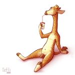 1:1 anthro balls beverage biped countershade_torso countershading eyebrows flaccid foreskin genitals giraffe giraffid hi_res holding_beverage holding_object hooves horn humanoid_genitalia humanoid_penis iztli long_neck male mammal navel ossicone penis simple_background sitting solo tail tail_tuft tuft white_background