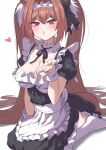  1girl animal_ears blowing_kiss breasts brown_hair cleavage collarbone commentary_request daiwa_scarlet_(umamusume) hair_between_eyes hair_ornament highres horse_ears horse_girl horse_tail itosu200 large_breasts looking_at_viewer maid maid_headdress open_mouth red_eyes seiza simple_background sitting solo sweat tail twintails umamusume white_background 