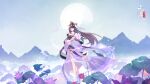  1girl bare_legs bare_shoulders barefoot breasts brown_hair bug butterfly chinese_clothes cleavage closed_eyes closed_mouth copyright_request flower full_body hair_ornament hanfu highres holding holding_flower long_hair moon mountain plant smile unpl 