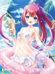  1girl :d absurdres bikini blue_bikini blue_eyes blunt_bangs blush breasts collarbone day dress hair_ribbon highres holding holding_ice_cream_cone horizon humuyun ice_cream_cone incredibly_absurdres innertube kamiyama_shiki key_(company) long_hair navel ocean official_art outdoors palm_tree pink_innertube red_hair ribbon scrunchie see-through see-through_dress sky small_breasts smile solo summer_pockets swim_ring swimsuit tree white_dress wrist_scrunchie 