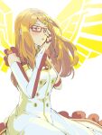  1girl akai_meganee breasts brown_hair dress glasses gloves hand_over_eye hands_up highres long_hair medium_breasts open_mouth parted_lips pink_eyes pretty_series red-framed_eyewear sitting solo tsujii_ruki waccha_primagi! white_dress white_gloves 