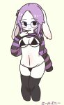  1girl animal_ears bikini black_bikini black_thighhighs clothes_lift commission cropped_feet flower furry groin hair_flower hair_ornament highres indie_virtual_youtuber looking_at_viewer meekabunny_(vtuber) micro_bikini purple_hair rabbit_ears rabbit_girl round_eyewear sleeves_past_fingers sleeves_past_wrists solo striped_clothes striped_sweater sweater sweater_lift swimsuit thighhighs yagi_(s1120411) 