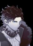  1boy bartholomew_roberts_(fate) black_background black_hair blue_eyes buttons close-up closed_mouth collar fate/grand_order fate_(series) forehead frilled_collar frills fur-trimmed_vest fur_trim hair_slicked_back highres looking_at_viewer male_focus smile solo spot_color upper_body urup_zzz vest 