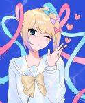  1girl blonde_hair blowing_kiss blue_background blue_bow blue_eyes blue_hair blue_shirt bow chouzetsusaikawa_tenshi-chan closed_mouth commentary hair_bow hand_up heart highres long_hair long_sleeves looking_at_viewer multicolored_hair multiple_hair_bows needy_girl_overdose one_eye_closed pink_bow pink_hair purple_bow quad_tails sailor_collar shirt solo symbol-only_commentary upper_body yellow_bow yumeno_(yume0601) 