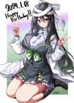  1girl absurdres black_hair black_skirt black_socks black_vest bow breasts collared_shirt commentary_request dated double_v dress_shirt earrings frilled_skirt frills green_bow grey_eyes grey_shirt hair_between_eyes hands_up happy_birthday highres ice_cream_mad_lab jewelry lab_coat large_breasts mokufuu no_shoes off_shoulder open_clothes seika_michi seiza shirt signature sitting skirt sky socks solo star_(sky) starry_sky v vest virtual_youtuber 