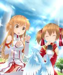  :o ^_^ armor asuna_(sao) bare_shoulders blush breastplate brown_eyes brown_hair closed_eyes detached_sleeves dragon hand_to_own_mouth haribote_(tarao) light_rays long_hair multiple_girls open_mouth pina_(sao) short_hair short_twintails silica sitting smile sunbeam sunlight sword_art_online thighhighs twintails white_legwear 
