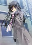  black_hair glasses gloves gretel_jeckeln long_hair lowres muvluv purple_eyes scarf schwarzesmarken tree 