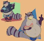 2024 anthro belly big_belly bulge burger clothing eating food hat headgear headwear hi_res hot_dog jacobspencer04 male mammal moobs overweight overweight_male procyonid raccoon shirt simple_background solo topwear underwear
