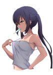  1girl absurdres black_hair breasts brown_eyes cleavage collarbone commentary_request dress food food_in_mouth highres k-on! long_hair nakano_azusa navel nijizuki_shino popsicle simple_background small_breasts solo standing sweat tan tanlines twintails upper_body white_background white_dress 