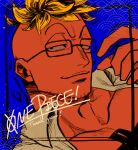  ! 1boy anchor_tattoo black_eyes blonde_hair chest_tattoo closed_mouth collarbone commentary_request english_text facial_hair glasses highres larugo0513 male_focus marco_(one_piece) mohawk one_piece open_clothes short_hair smile solo tattoo 