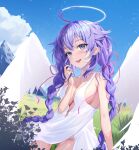  1girl absurdres angel_wings areluna arm_support armpit_crease blue_eyes blue_sky braid breasts choujigen_game_neptune cleavage cloud collarbone commentary dress english_commentary feathered_wings feet_out_of_frame flower four_goddesses_online:_cyber_dimension_neptune grass hair_ribbon halo highres light_blush looking_at_viewer medium_breasts messy_hair mountain neptune_(series) open_mouth panties pink_ribbon playing_with_own_hair plunging_neckline purple_hair purple_heart_(neptunia) ribbon shadow sideboob sky solo string_panties teeth thigh_gap twin_braids underwear upper_body upper_teeth_only white_dress white_panties wings 