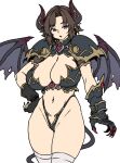  1girl 2024 arm_armor armor black_armor black_gloves black_panties breasts brown_hair chest_armor claws cleavage demon_girl demon_horns demon_tail demon_wings fingerless_gloves gauntlets gloves hand_on_own_hip highleg highleg_panties horns houtengeki huge_breasts large_breasts navel original panties pointy_ears purple_eyes revealing_clothes short_hair shoulder_armor shrug_(clothing) simple_background solo standing tail thighhighs thong underwear white_background white_thighhighs wings 