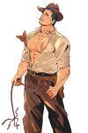 1boy abs alternate_costume baggy_pants bara bare_pectorals black_eyes black_hair cowboy_hat cowboy_western facial_hair feet_out_of_frame goatee_stubble golden_kamuy green_(grimy) hat head_tilt highres holding holding_leash kikuta_mokutaro large_pectorals leash looking_at_viewer male_focus mature_male muscular muscular_male mustache_stubble nipples pants pectorals rope scar scar_on_face scar_on_forehead short_hair solo stubble thick_eyebrows 