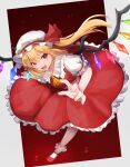  1girl absurdres ascot blonde_hair crystal fang flandre_scarlet full_body hat highres hinakoelys long_hair looking_at_viewer mob_cap open_mouth puffy_short_sleeves puffy_sleeves red_eyes short_sleeves side_ponytail solo touhou wings 