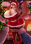 absolute_territory anthro big_breasts black_nose breasts brown_body brown_fur canid canine christmas christmas_clothing clothing curvy_figure derpx1 disney english_text eyelashes eyes_closed female fire fireplace fox fur genitals group hand_to_face hi_res holidays huge_breasts maid_marian mammal midriff penis raised_tail robin_hood_(disney) solo_focus standing tail tail_motion tailwag text thick_thighs vein veiny_penis voluptuous wide_hips