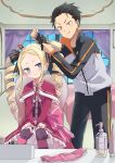  1boy 1girl beatrice_(re:zero) black_hair blonde_hair blue_eyes blush bottle bow capelet clenched_hands closed_mouth commentary_request crown drill_hair eyelashes frills hair_bow highres indoors jacket kisara_keyy mini_crown natsuki_subaru pants pantyhose parted_bangs pink_bow re:zero_kara_hajimeru_isekai_seikatsu red_capelet short_eyebrows sidelocks sitting striped_clothes striped_pantyhose symbol-shaped_pupils twin_drills twintails 