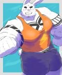  1boy animal_ears bara blush chest_tuft clenched_hand goatee_stubble grin highres huge_pectorals ienjoybuff incoming_fist_bump looking_at_viewer male_focus midriff_peek muscular muscular_male orange_tank_top original pants pectoral_cleavage pectorals rabbit_boy rabbit_ears rabbit_tail short_hair short_shorts shorts smile solo sparkle tail tank_top thick_eyebrows thick_thighs thighs track_pants white_fur 