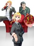  2boys ahoge alcohol artoria_pendragon_(all) bad_id bad_pixiv_id black_hair blonde_hair bouquet chair earrings easy_chair fate/zero fate_(series) flower formal gilgamesh gloves green_eyes highres jewelry lancer_(fate/zero) looking_at_viewer mole mole_under_eye multiple_boys necklace necktie outstretched_hand pant_suit ponytail red_eyes red_flower red_rose rose ruchi saber single_glove suit wine yellow_eyes yellow_flower yellow_rose 