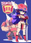  1boy 1girl :&lt; aqua_eyes armor bikini_armor blush boots breasts cleavage dragon_quest dragon_quest_iii elbow_gloves full_body gloves grin helmet long_hair looking_at_viewer navel nollety purple_hair red_armor smile soldier_(dq3) solo_focus standing sword weapon winged_helmet 