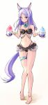  1girl animal_ears arms_at_sides barefoot breasts cleavage commentary_request desert food full_body highres horse_ears horse_girl horse_tail kyabetsuman looking_at_viewer mejiro_mcqueen_(umamusume) navel purple_eyes purple_hair shaved_ice small_breasts solo swimsuit tail umamusume white_background 