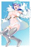  angel angel_wings belt blue_hair bottle breasts elbow_gloves gloves greaves green_eyes kyoku_tou milk nanael nipples one_eye_closed open_mouth panties polka_dot polka_dot_panties queen's_blade sexually_suggestive short_hair solo torn_clothes underwear wince wings 
