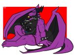 anthro big_breasts big_dom_small_sub black_body bracelet breasts collar dominant dragon duo face_in_breasts female green_eyes head_between_breasts hi_res holding_breast horn huge_breasts jewelry kobold larger_female leash leashed_collar male male/female multicolored_body nipple_piercing nipples piercing purple_body size_difference smaller_male spiked_bracelet spiked_collar spikes trout_(artist) two_tone_body wings
