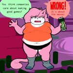 aeris_(vg_cats) anthro belly beverage big_belly breasts clothing complaining dialogue domestic_cat energy_drink english_text fangs felid feline felis female footwear full-length_portrait fur hair hi_res long_hair looking_at_viewer mammal midriff monster_energy monster_energy_can navel obese obese_anthro obese_female overweight overweight_anthro overweight_female panties pink_body pink_fur portrait shirt socks solo teeth text topwear underwear vg_cats webcomic webcomic_character whiteraff