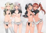  alternate_costume apron ass bikini black_bikini black_hair blonde_hair breasts brown_eyes brown_hair commentary_request detached_collar enmaided grecale_(kancolle) green_eyes grey_background grey_eyes grey_hair highleg highleg_bikini highres kantai_collection libeccio_(kancolle) long_hair maestrale_(kancolle) maid maid_bikini maid_headdress mole mole_under_eye one-piece_tan one_side_up open_mouth puffy_short_sleeves puffy_sleeves scirocco_(kancolle) short_hair short_sleeves shrug_(clothing) simple_background small_breasts swimsuit tan tanlines thighhighs toriniku_senshi_chikinman twintails two_side_up unconventional_maid waist_apron wavy_hair white_apron white_thighhighs 