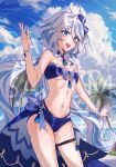  1girl :d absurdres ahoge bandeau bare_arms bare_shoulders beach bikini blue_bikini blue_bow blue_eyes blue_hair blue_sky bow breasts cloud commentary cowboy_shot day detached_collar english_commentary furina_(genshin_impact) genshin_impact hair_bow hand_up highres long_hair looking_at_viewer multicolored_hair navel no_headwear ocean open_mouth outdoors palm_tree safium sky small_breasts smile solo standing stomach strapless strapless_bikini streaked_hair swimsuit thigh_strap thighs tree very_long_hair water white_hair wrist_cuffs 