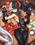  bare_shoulders belt black_hair blade_&amp;_soul breasts collar ecell eyepatch fingerless_gloves food gloves hair_ornament long_hair lying multicolored_hair on_back pohwaran sideboob small_breasts smile solo twintails two-tone_hair white_hair yellow_eyes 