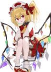  1girl absurdres ascot bat_wings blonde_hair dress flandre_scarlet frilled_skirt frills hat hat_ribbon highres mob_cap open_mouth red_dress ribbon shino2121 side_ponytail simple_background sitting skirt smile thighhighs touhou white_background white_thighhighs wings 