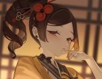  1girl absurdres brown_hair chiori_(genshin_impact) commentary genshin_impact grey_kimono hair_ornament hair_stick hand_up highres japanese_clothes kimono long_hair looking_at_viewer ponytail portrait red_eyes seorang solo 