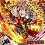  2girls armor battle_damage blonde_hair bodysuit breastplate carrying carrying_person covered_navel damaged duel_monster grey_hair highres holding holding_sword holding_weapon hucydin injury long_hair mechanical_wings multiple_girls power_armor red_eyes sky_striker_ace_-_kagari sky_striker_ace_-_raye sky_striker_ace_-_roze sword torn_clothes twintails weapon wings yu-gi-oh! 