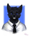 anthro black_body black_ears black_fur black_necktie black_nose black_wolf57 blue_eyes canid canine clothed clothing cocoline_(artist) digital_media_(artwork) fur hi_res looking_at_viewer male mammal necktie shirt simple_background smile smiling_at_viewer solo teeth topwear white_clothing white_shirt white_topwear