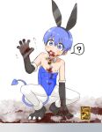  1girl ? absurdres animal_ears blood blood_from_mouth blood_on_chest blood_on_clothes blood_on_face blood_on_ground blue_eyes blue_hair blue_leotard blush boots closed_mouth demon_tail detached_collar elbow_gloves fake_animal_ears flat_chest fur-trimmed_boots fur-trimmed_gloves fur_trim gloves hand_on_glass highres kaju_4 leotard nipples original pantyhose paw_shoes playboy_bunny rabbit_ears short_hair solo spoken_question_mark squatting strapless strapless_leotard tail tareme wardrobe_malfunction white_background white_pantyhose 