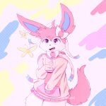 2021 abstract_background absurd_res anthro blue_body blue_fur bottomless clothed clothing cute_fangs digital_media_(artwork) eeveelution front_view fur generation_6_pokemon head_tuft hi_res hoodie kinozel nintendo open_mouth pink_body pink_fur pokemon pokemon_(species) signature sylveon topwear tuft