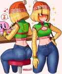  1girl absurdres arms_(game) ass beanie blonde_hair blunt_bangs blush bob_cut breasts chinese_clothes cleavage closed_mouth contrapposto crop_top cropped_legs denim domino_mask eating feet_out_of_frame food from_behind green_eyes hat highres jeans kirby kirby_(series) knit_hat looking_to_the_side mask medium_breasts medium_hair midriff min_min_(arms) multiple_views narrow_waist navel noodles pants ribbon_hair ringed_eyes sarukaiwolf simple_background sitting stool super_smash_bros. tsurime 
