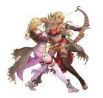  2girls aiming ass attack blonde_hair blue_eyes bow_(weapon) breasts brown_thighhighs cleavage dark-skinned_female dark_skin drawing_bow earrings ekao fire_emblem fire_emblem:_the_binding_blade fire_emblem:_the_blazing_blade fire_emblem_heroes full_body hair_ornament holding holding_bow_(weapon) holding_weapon igrene_(fire_emblem) igrene_(sworn_protector)_(fire_emblem) jewelry large_breasts lipstick long_hair looking_at_viewer louise_(fire_emblem) louise_(sworn_protector)_(fire_emblem) makeup medium_breasts multiple_girls navel necklace official_alternate_costume official_art pelvic_curtain red_lips red_thighhighs tassel tassel_hair_ornament thighhighs weapon yellow_eyes 